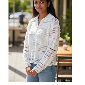 Sundance White Knit Open Weave Cotton Button Up Long Sleeve Pullover Sweater